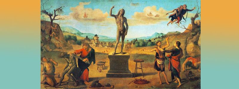 Prometheus als Schöpfer auf einem Truhenbild von Piero di Cosimo. In der Mitte auf dem Sockel die geformte Figur, links Epimetheus, rechts Prometheus. Alte Pinakothek, München