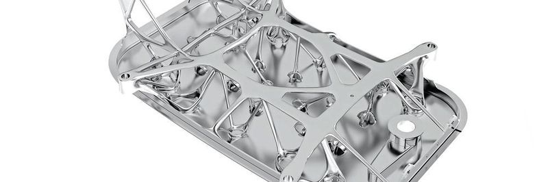 A topologically optimised maintenance door for aircraft with dimensions of approx. 775 x 477 x 238 mm.