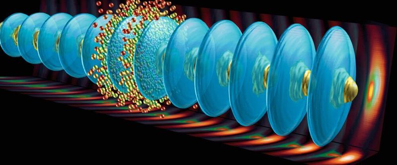 Surfen im Teilchenbeschleuniger: Im Awake-Experiment bilden Protonen (gelbe Kegel) eine Plasmawelle (blaue Scheiben), die Elektronen (kleine Kugeln) auf hohe Energien beschleunigen.