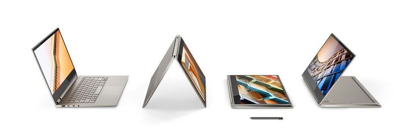 Das C930 war nur eines von vier neuen Yoga-Modellen auf der IFA. Hier zeigt sich das Yoga-Topmodell mit 14-Zoll-4K-Display in allem vier Nutzungsmodi.