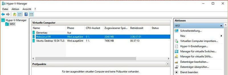 Die über Hyper-V bereitgestellte Virtual Machine für den Docker-Host heißt „MobyLinuxVM“.