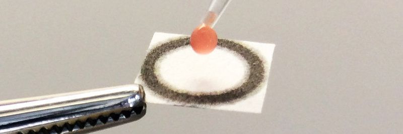 Ein Gemisch aus Blut des Patienten und Reaktionspuffer wird auf ein Papier gegeben, auf dem der Biosensor aufgetragen wurde. Die anschließende Reaktion wird über eine Kamera aufgenommen und ausgewertet.