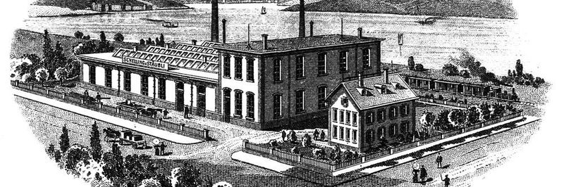1900: Die Stäubli Fabrik in Horgen. Hier fand die Entwicklung von Schaftmaschinen für die Textilindustrie statt.
