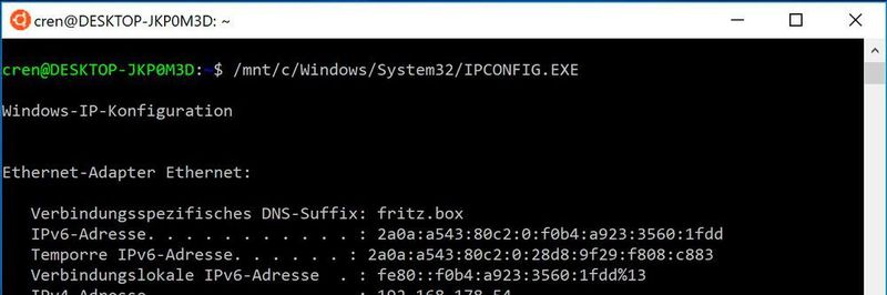 Aufruf des Windows-eigenen „ipconfig“ im Linux-Subsystem.