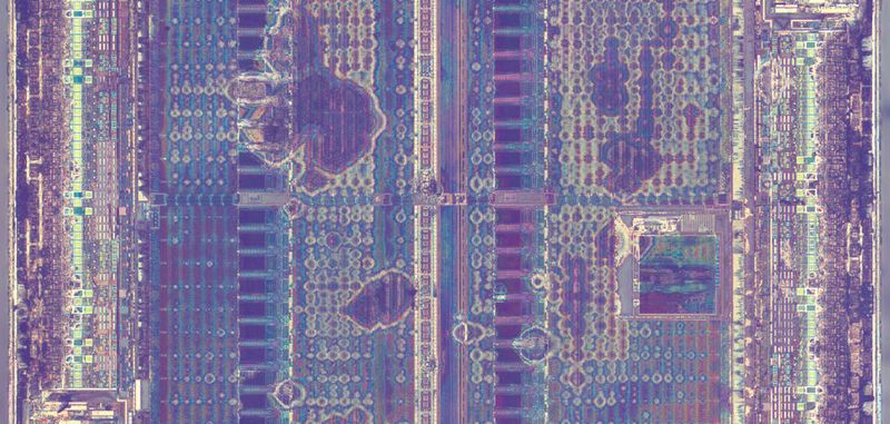 Die-Ansicht eines Altera Cyclone EP1C3, eines der kleinsten und frühesten FPGAs von Altera (heute Intel PSG). Er verfügte über 2910 Logikelemente, eine PLL und 58.5 kibibits SRAM-Speicher. Für einfache Designs zog man noch den Einsatz von CPLDs gegenüber den komplizierteren FPGAs vor. Heute werden immer weniger PLDs hergestellt, ein Umstieg wird irgendwann unausweichlich.