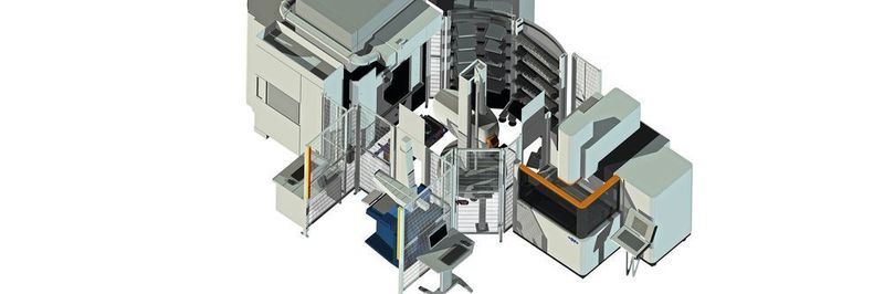 Zu sehen ist das neue Form Werk von GF Machining Solutions. Diese 6x6 Meter grosse Zelle besteht aus einer Senkerodiermaschine AgieCharmilles FORM 300 (rechts), einer Fünf-Achs-Fräsmaschine Mikron Mill S 600 U (links), die sowohl Stahl als auch Kupfer und Graphit nass fräst und einer Messanlage der Firma Zeiss (vorne). Verbunden sind diese Maschinen durch das Automationssystem Transformer von System 3R. Diese Maschinen verwenden Spannmittel von System 3R.