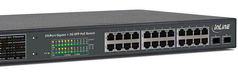 Der InLine PoE+ Gigabit Netzwerk Switch bietet 24 kupferbasierte Ports und zwei Glasfaseranschlüsse.