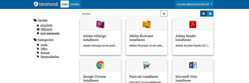 Der Baramundi Kiosk bietet Endnutzern ein für sie passendes Softwareangebot, das sie direkt auf allen von ihnen verwendeten Endgeräten anfordern und installieren können.