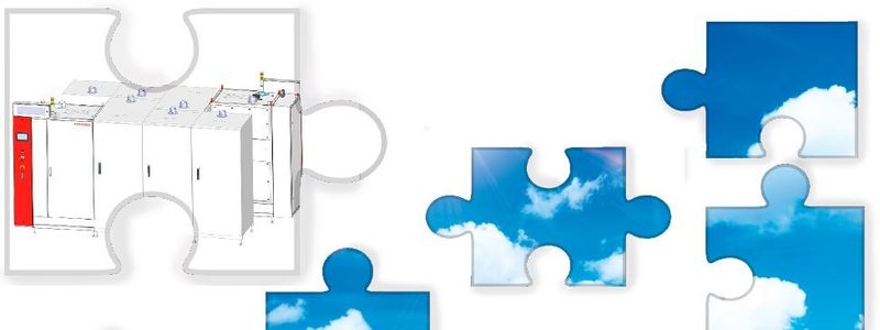 Unterschiedliche Module können flexibel zu einer Gesamtanlage kombiniert werden: Dieses Kombi-Abgasreinigungssystem ist mit zwei thermischen Modulen, vier Trockenbettabsorbern und zwei Pumpenmodulen längsseitig angeordnet. Dieses Kombi-Abgasreinigungssystem ist mit einem thermischem Modul, zwei Trockenbettabsorbern und einem Pumpenmodul ausgestattet.