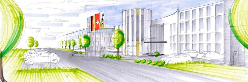 Entwurfsskizze des künftigen Interroll-Werks im sogenannten „A5-Quartier“ im baden-württembergischen Kronau am Autobahnkreuz A5/A6 und damit ganz in der Nähe von Interroll Automation in Sinsheim.