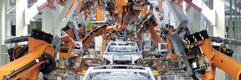 Der Karosseriebau der Automobilindustrie ist ein gutes Beispiel für die Gesamtheit von Maschinen.