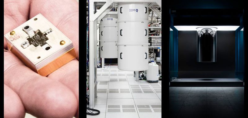 Evolution eines Quantencomputers: 2016 stellte IBM erstmals einen Quantenprozessor vor, auf den Anwender über ein Cloud-Angebot zugreifen konnten (links). Dieser erste zugängliche Prozessor hatte eine Leistung von 5 Qubit. 2017 eröffnete IBM das Thomas J Watson Research Center, in dem das Unternehmen einen „universell einsetzbaren Quantencomputer“ vorstellte (Mitte) – damals mit einem 16-Qubit-Prozessor. Der nun vorgestellte 20-Qubit-Q-System-One (rechts) kann allerdings erstmals in einem kommerziellen Umfeld eingesetzt werden.