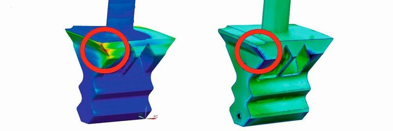 Das Simcenter-Tool 3D AM Process Simulation überprüft die vorhergesagte Verformung (links) im Vergleich mit dem realen Bauteil mit den ursprünglichen CAD-Daten (rechts), um die Geometrie zu kompensieren.