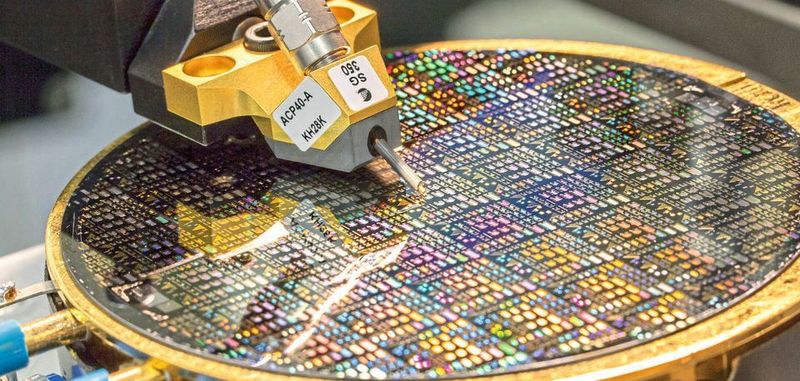 Halbleiterforschung: Ein Forscherteam am Fraunhofer IAF beschäftigt sich bereits seit mehreren Jahren mit den piezoelektrischen Eigenschaften von ScAlN für den Einsatz in Hochfrequenzfiltern. Das Foto zeigt den Test solcher Bauelemente auf einem Wafer.