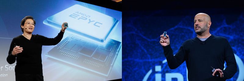 Lisa Su, CEO von AMD präsentiert die nächste Epyc-Generation, Gregory Bryant, Intel Senior Vice President in der Client Computing Group, zeigt den kommenden 10-Nanometer-Prozessor „Ice Lake“.