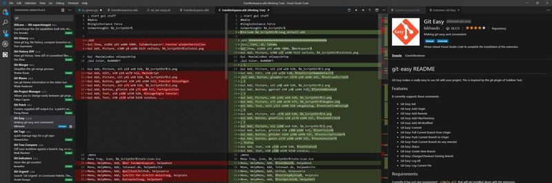 Visual Studio Code mit zwei Textbereichen, Add-on-Browser und -Details.