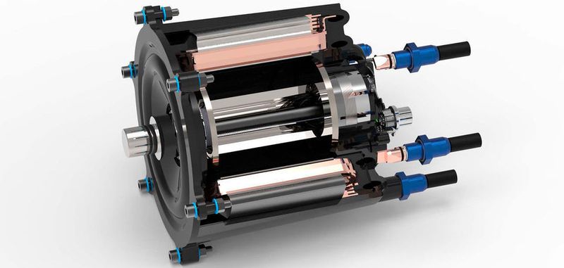 Schnittdarstellung des Elektromotors. Kernstück des Motors bildet ein Stator aus zwölf Einzelzähnen, die mit einem Flachdraht hochkant umwickelt sind.