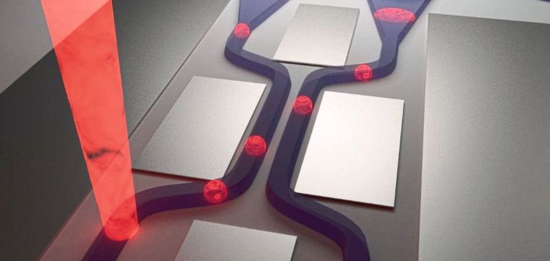 Photonischer Schaltkreis, in dem Einzelphotonen geführt und auf zwei Wellenleiter-Arme aufgeteilt werden. Die Detektion erfolgt direkt auf dem Chip mittels integrierter Detektoren am Ende der beiden Arme, die reflektierenden Metallschichten dienen der Unterdrückung des Streulichts des Anregungslasers.