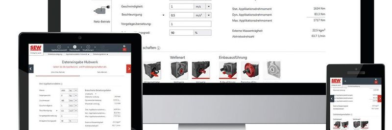 Die Antriebsauslegung erfolgt auf Basis weniger Eingabedaten und der Wahl der Applikation. Daraus generiert das Tool eine Empfehlung, welcher Getriebemotor passenden könnte.