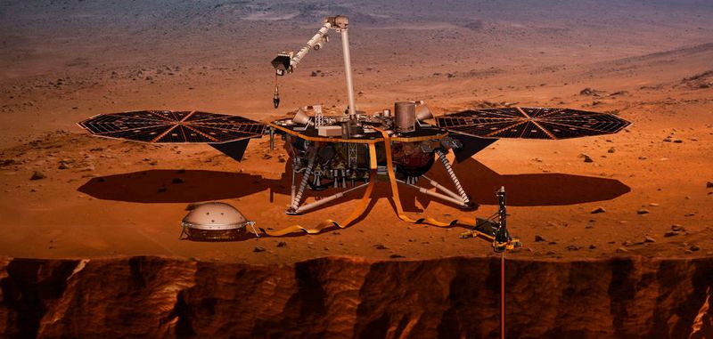 Nach ihrem Start am 5. Mai landete die NASA-Sonde InSight am 26. November 2018 etwas nördlich des Marsäquators und entfaltete seine Solarpanele (künstlerische Darstellung).