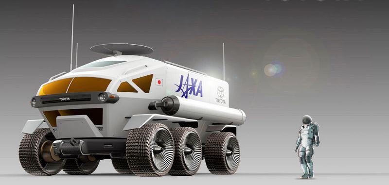 Das Rover-Mondfahrzeug von Toyota: mit Brennstoffzellentechnologie und 10.000 km Reichweite. Die Druckkabine bietet Platz für bis zu vier Astronauten.