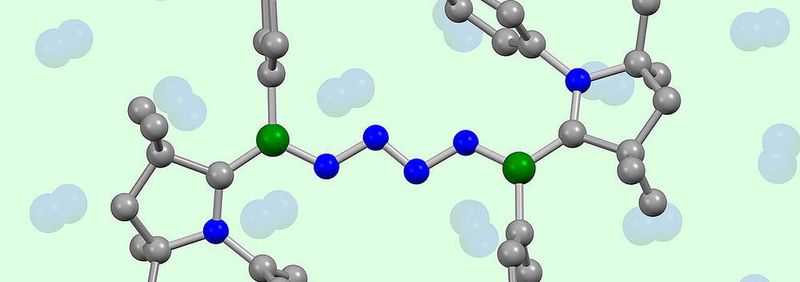 Chemiker aus Würzburg und Frankfurt haben zwei Moleküle Luftstickstoff (blau, Mitte) direkt miteinander gekoppelt. (Ausschnitt)