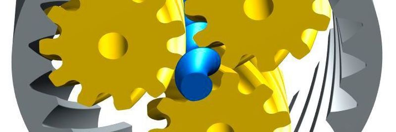 Auf dem Bild ist die Geometrie einer Planetenstufe mit i=24:1 zu sehen: Zähnezahl der Planeten(gelb)=11, Zähnezahl der Sonne(blau)=1, Zähnezahl Hohlrad(grau)