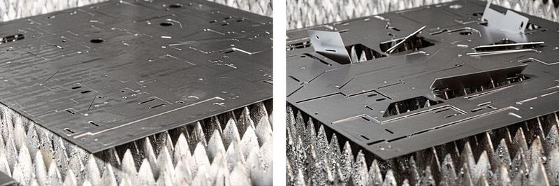 Links: Perfektes Schneidergebnis mit der zuvor angewandten Softwarefunktion TiltPrevention, rechts aufstehende Blechteile nach dem Laserschneiden ohne Simulation mit der Funktion TiltPrevention.