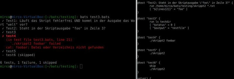 Ein simpler BATS-Testlauf mit einem nicht bestandenen Test.