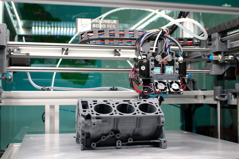 3D-Drucker bei der Arbeit an einem Motorblock.