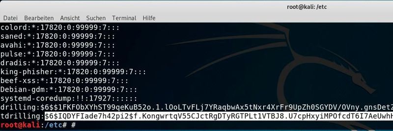 Unter Linux wird der aus dem Benutzerpasswort generierte Hash-Wert üblicherweise in der Datei /etc/shadow hinterlegt.