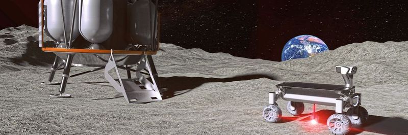 Die MOONRISE-Technologie im Einsatz auf dem Mond. Links die Mondlandefähre ALINA, rechts der Rover mit der MOONRISE-Technologie – mit angeschaltetem Laser beim Aufschmelzen von Mondstaub.