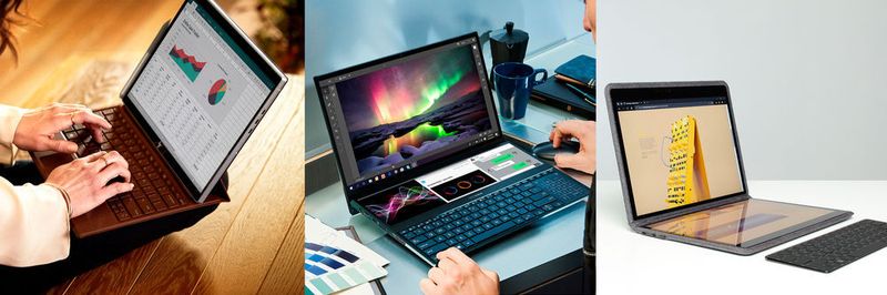 Während das HP-2-in-1-Tablet mit Leder-Hülle und das Asus-Notebook mit Zusatzdisplay über dem Keyboard in dieser Form auf den Markt kommen, ist das Dual-Display-Notebook von Intel eine reine Machbarkeitsstudie.