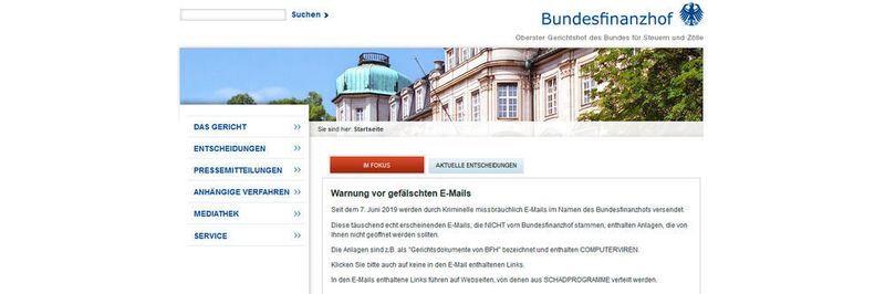 Der Bundesfinanzhof hat seine E-Mail-Infrastruktur nicht mit DMARC-Einträgen abgesichert. Das begünstigt eine aktuelle Angriffswelle mit Schad-E-Mails, die in seinem Namen versendet werden.