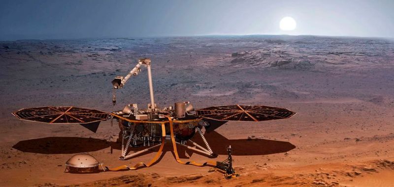 Künstlerische Darstellung des InSight-Landers – Die Sensorik des Seismometers SEIS (Seismic Experiment for Interior Structure) ist vorne links unter dem Schutzschild abgebildet, die ETH-Elektronik liegt gut geschützt im Inneren des Landers.