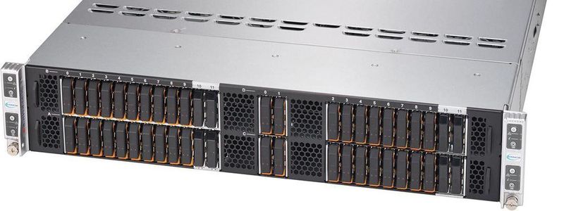 Der „Supermicro Big Twin“ 2U Four-Node Server bietet zehn E1.S-Laufwerke plus zwei SATA M.2 pro Node.
