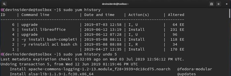 Eine interessante YUM-Funktion ist der History-Befehl, mit dem sich ein kompletter Installationsvorgang samt erzeugter Abhängigkeiten rückgängig machen lässt.
