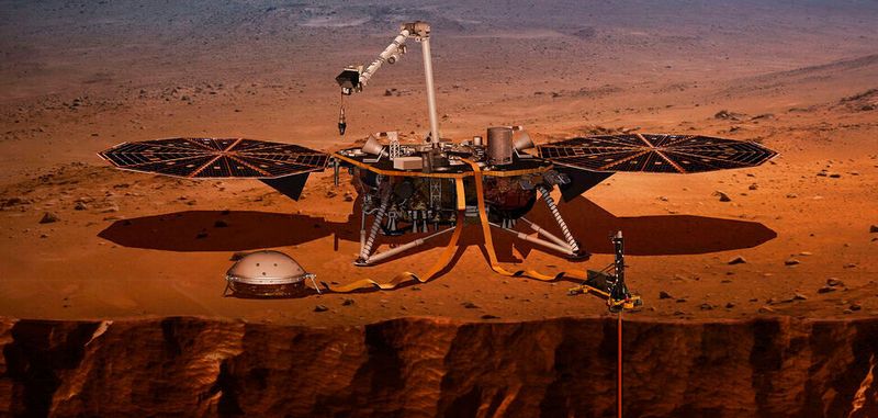 Künstlerische Darstellung des InSight-Landers. Die Sensorik des Seismometers SEIS (Seismic Experiment for Interior Structure) (unter dem Schutzschild) ist vorne links abgebildet, die Elektronik liegt gut geschützt im Inneren des Landers.