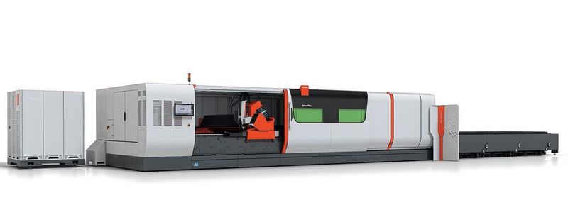 Bis 8 m lange Bleche, zum Beispiel für Windenergieanlagen oder den Schiffbau, schneiden Fertigungsbetriebe ohne Nachsetzen auf der Laserschneidmaschine ByStar Fiber 8025