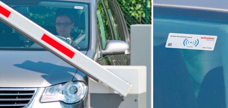 Nähern sich Autofahrer mit ihrem Pkw einer Parkhausschranke, wird diese via Funk über den Chip im RFID-Label an der Frontscheibe automatisch geöffnet.