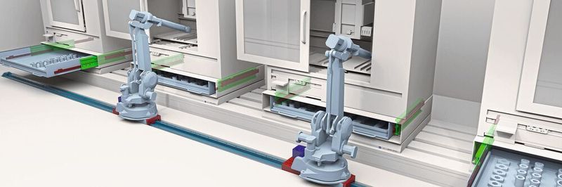 Beim Konzept der siebten Achse verfährt der komplette Roboter auf einer Linearachse und kann so Aufgaben an mehreren Orten übernehmen.