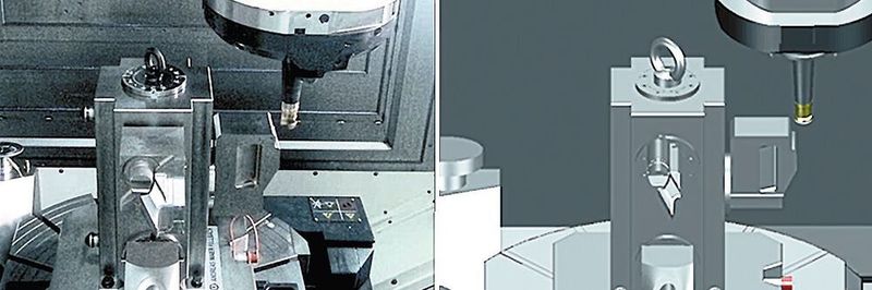 Wegen der hohen Detailtreue der digitalen Zwillinge (rechts) sorgen NC-Programmierer von Tebis nach eigenen Angaben für höchste Sicherheit bei die Bearbeitung auf der realen Maschine.