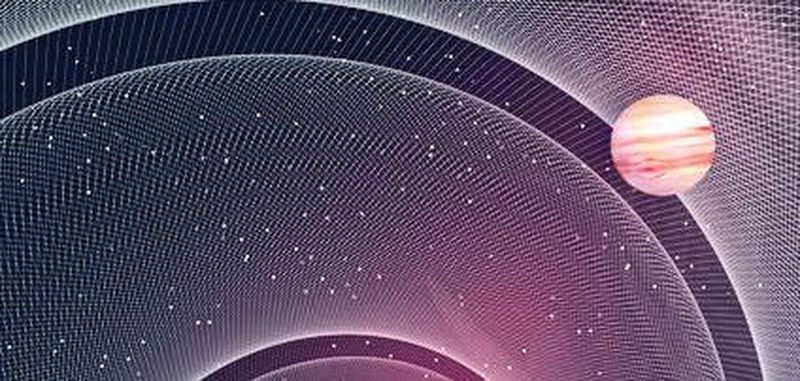 Künstlerische Darstellung von Gravitationswellen, die durch ein kompaktes Paar Weißer Zwerge, umkreist von einem Planeten mit der Masse des Jupiters, erzeugt werden.