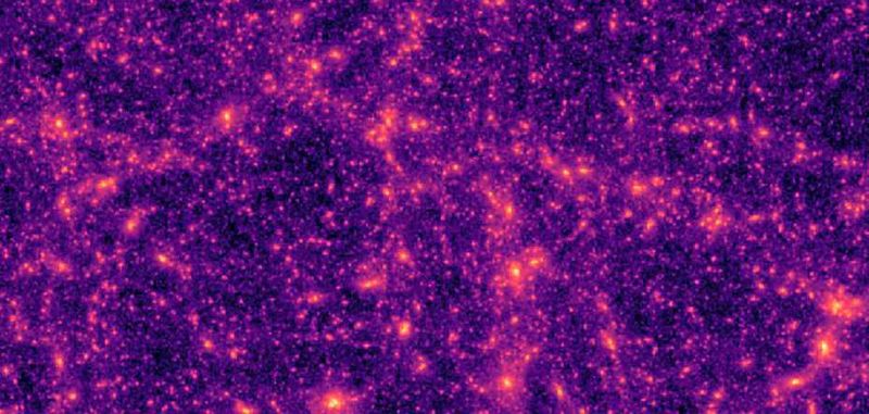 Ausschnitt aus einer typischen computergenerierten Massenkarte der dunklen Materie, wie sie von den Forschen zum Trainieren des neuronalen Netzwerks benutzt wird.