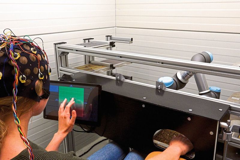 Eine Auswahl an Materialien, Oberflächen und Bauteilen werden während der Testung über ein Robotiksystem dem Probanden präsentiert.