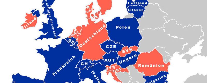 In den meisten europäischen Ländern ist der A1 im B integriert (Blau). Die Abweichler wie Deutschland, Niederlande oder Dänemark sind Rot markiert.