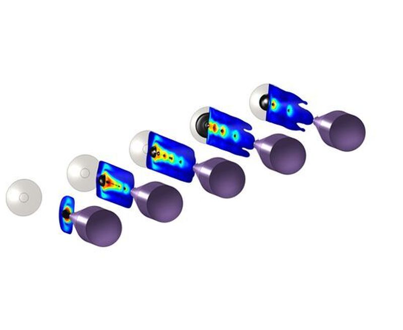 Multiphysikalische SImulation: Am Beispiel eines Tintenstrahldruckers lässt sich die Bewegung des Farbtropfens aus der Düse hin zum Papier darstellen.