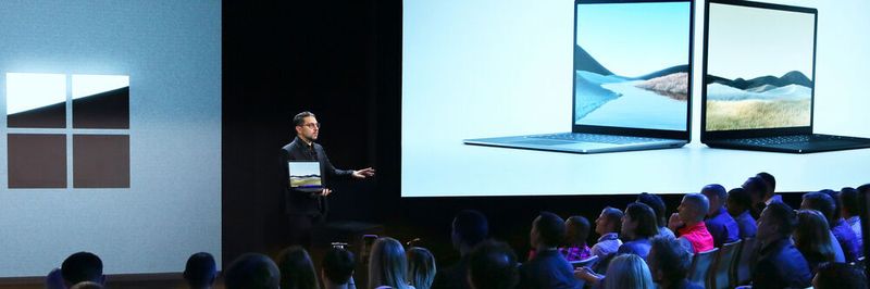 Panos Panay, Chief Product Officer bei Microsoft, präsentiert die neuen Surface-Modelle. Dazu zählen neben dem Laptop 3, den es nun auch im 15-Zoll-Format mit AMD-Prozessor gibt, gleich zwei Dual-Screen-Geräte. Das Neo mit einer neuen Windows-10-Version und das Duo mit Android. Beide kommen aber erst Ende 2020 auf den Markt.