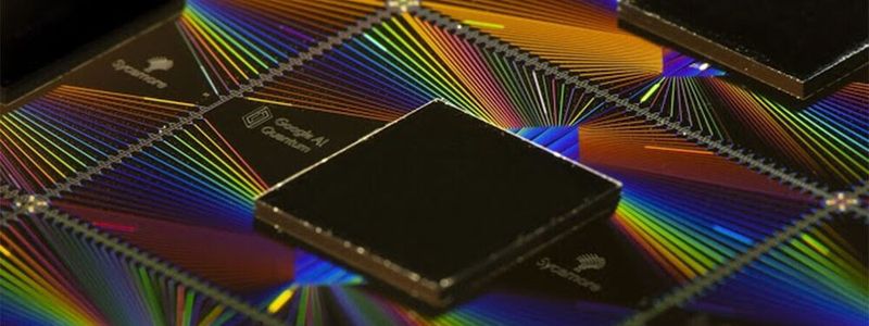 Eine Reihe von Google-Sycamore-Chips, die für die elektrische Vorprüfung vorbereitet werden.