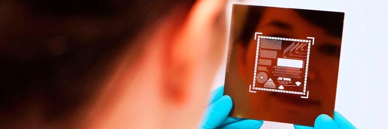 Durch die strukturierte Photomaske dringt das UV-Licht auf das Substrat und härtet gezielt die Polymere in der aufgebrachten Dickschicht für die bis zu 20 Mikrometer feine Endstruktur aus.